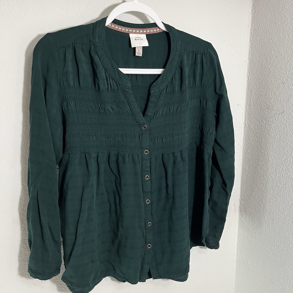 Knox Rose Top Women's Size Large Green V-Neck Long Sleeve Tunic Boho Smocking